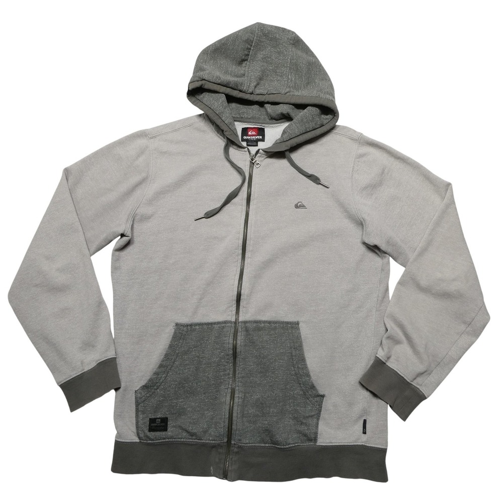 Quiksilver Hoodie Sweatshirt Mens Large Gray Full‎ Zip Fleece Two Tone Logo
